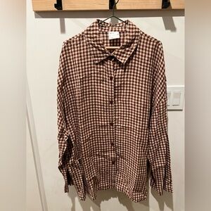 Women’s Linen Blend Brown Gingham Checkered Shirt